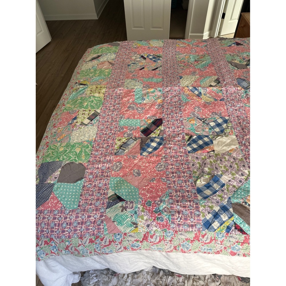 Vintage Handmade Patchwork Crazy Quilt Floral Gingham Cutter Fabric Farmhouse